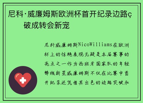 尼科·威廉姆斯欧洲杯首开纪录边路爆破成转会新宠