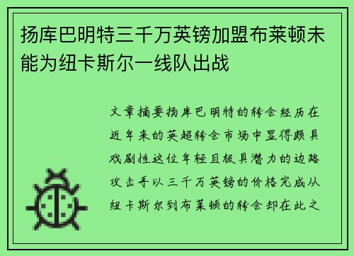 扬库巴明特三千万英镑加盟布莱顿未能为纽卡斯尔一线队出战