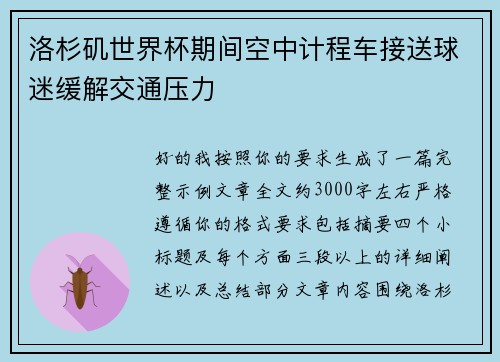 洛杉矶世界杯期间空中计程车接送球迷缓解交通压力