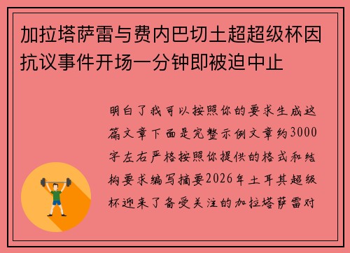 加拉塔萨雷与费内巴切土超超级杯因抗议事件开场一分钟即被迫中止